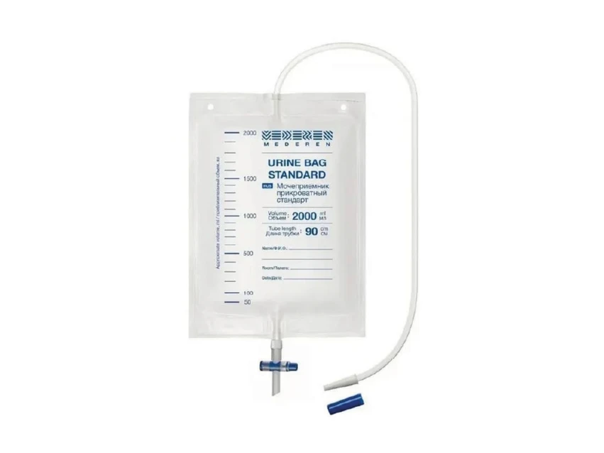 Мочеприёмник прикроватный 2 л, трубка 90 см, MEDEREN, Т-образный кран