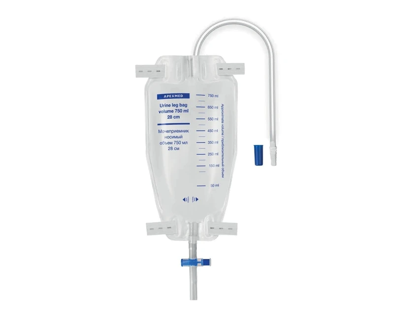 Мочеприемник ножной 0,75 л, трубка 28 см, Apexmed, с двумя ремнями, прямой кран