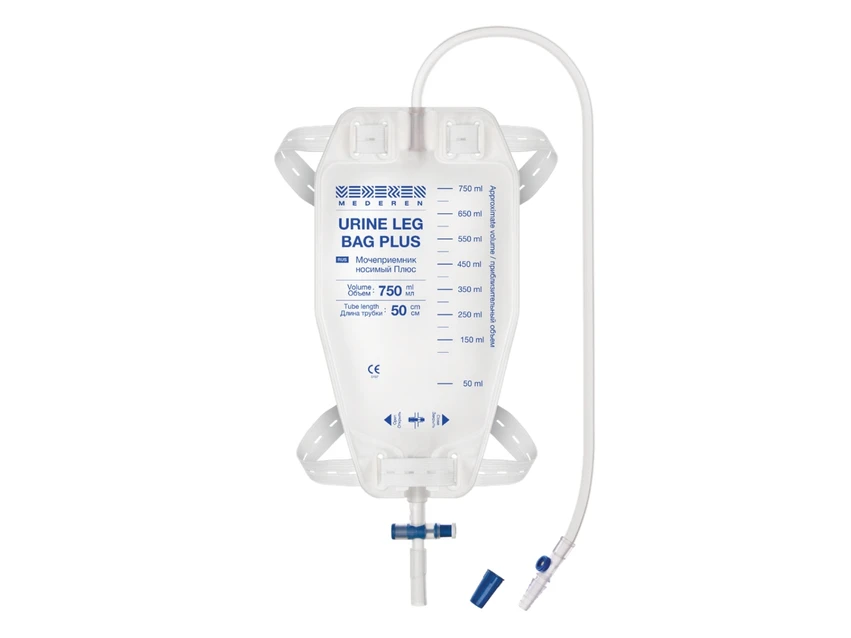 Мочеприемник ножной 0,75 л, трубка 50 см, MEDEREN Плюс, с двумя ремнями, Т-образный кран