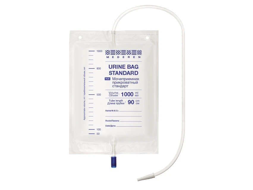 Мочеприёмник прикроватный 1 л, трубка 90 см, MEDEREN, прямой кран