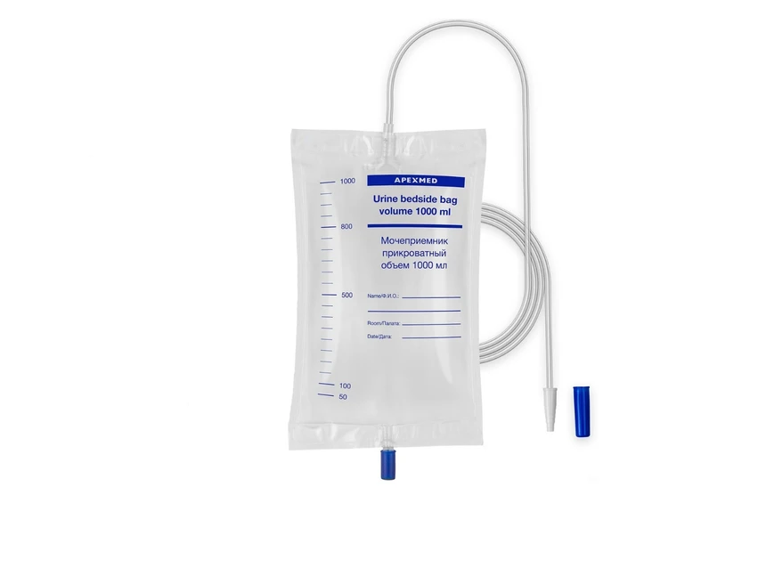Мочеприемник прикроватный 1 л, трубка 90 см, Apexmed, прямой кран